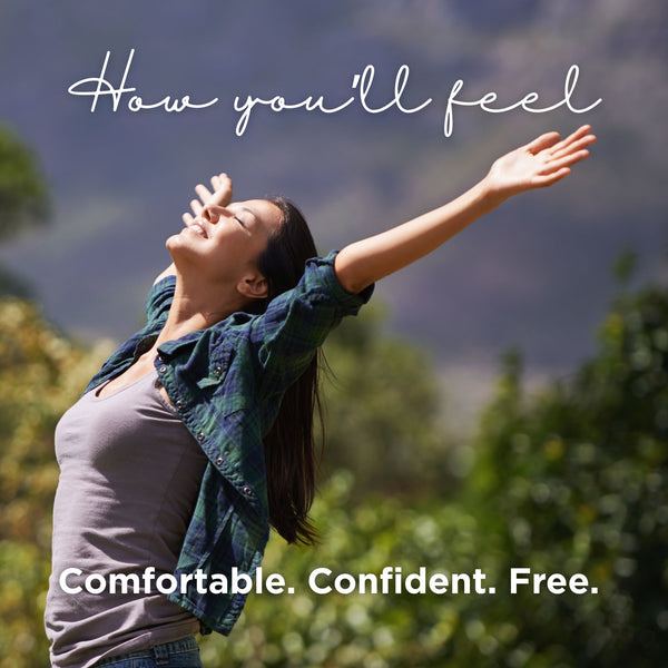 Woman with arms stretched up feeling free and confident wearing comfortable foam-free bralette with permanent nipple coverage - no more worrying about bra