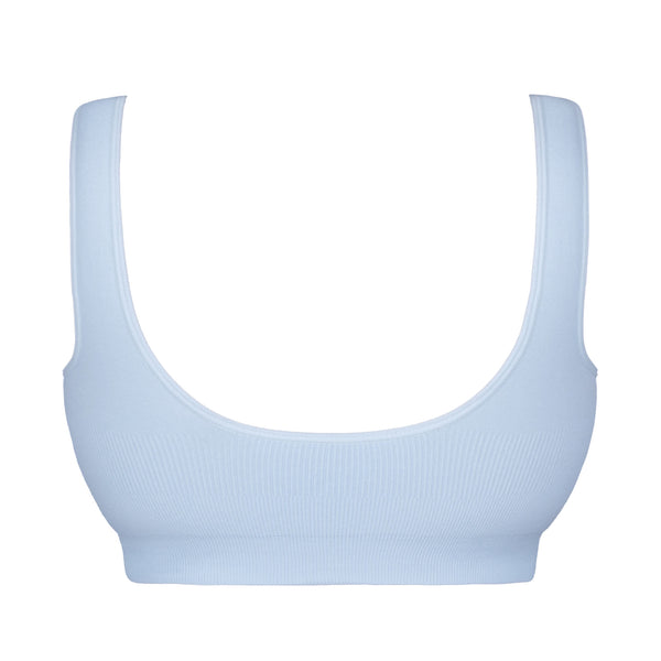 Back view of Gigi Blue Seamless Wireless Bralette with wide straps and smooth band.