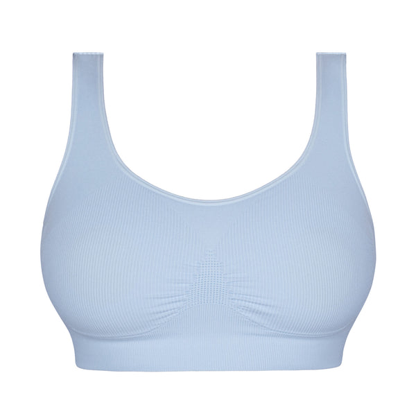 Front view of Gigi Blue Seamless Wireless Bralette by Non Disclosure Apparel.