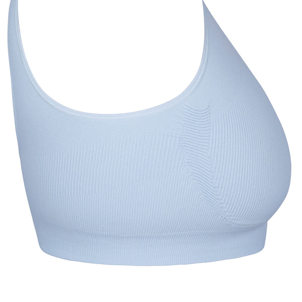 Side view of Gigi Blue Seamless Wireless Bralette showing full coverage and stretch design.