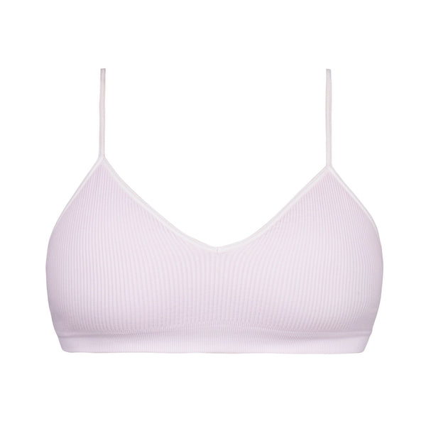 Elli Girls Bralette in Pink – non-padded nipple concealing wireless starter bra, front view, ribbed fabric