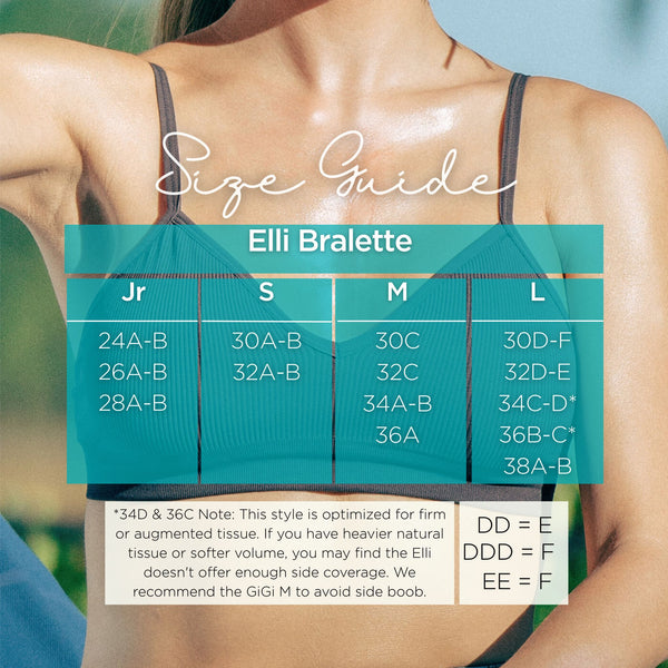 Size chart for the Elli Bralette. A wireless modesty bra designed for girls' first training bras (24A) and adult small-bust women (up to 38B). Provides total invisible coverage without padding. Includes fit notes for 34D and 36C to ensure side coverage.