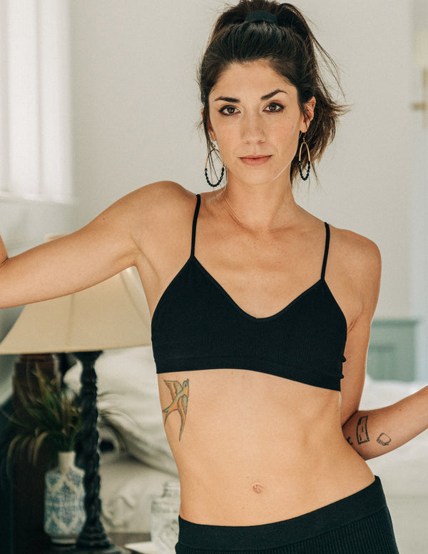Model wearing Black Elli Bralette showing smooth natural shape and nipple coverage on body
