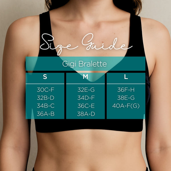 Gigi Bralette size guide on a model wearing a black bralette against a neutral background