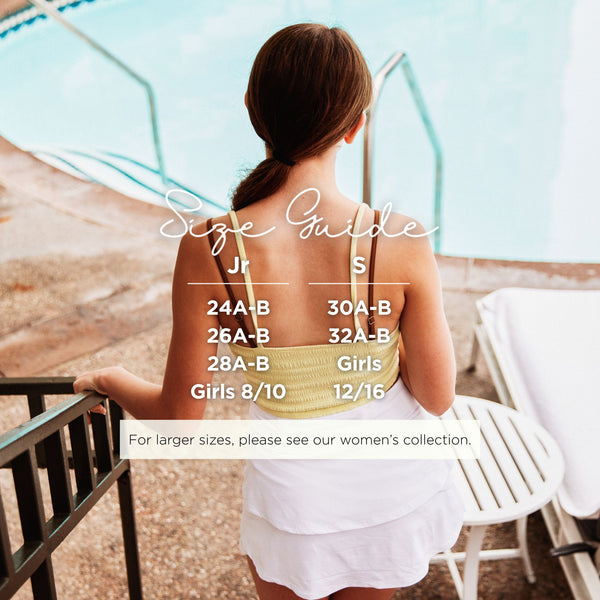 Size chart for our non padded bras for preteen and teenage girls. Modest bralette coverage without the worry of bulky padding or nipple showing through.