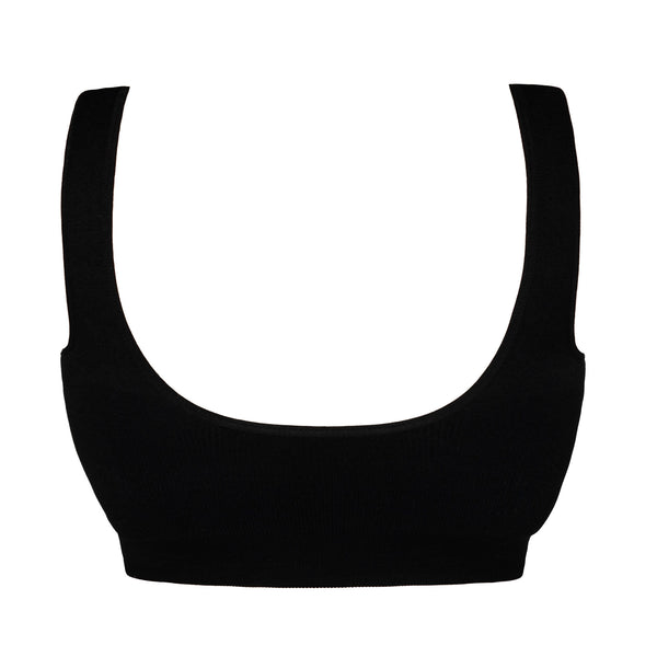 Back view of black seamless wireless bralette showing wide straps and smooth band.