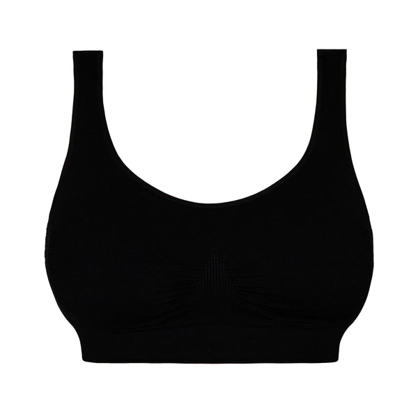 Front view of black seamless wireless bralette by Non Disclosure Apparel.