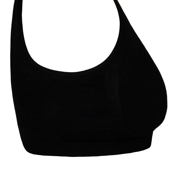 Side view of black seamless wireless bralette highlighting full coverage and stretch design.