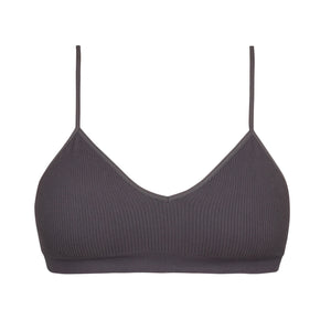 Elli Girls Bralette in Grey – non-padded nipple concealing wireless starter bra, front view, ribbed fabric