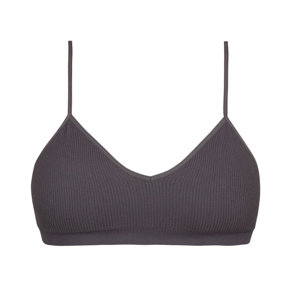 Elli Girls Bralette in Grey – non-padded nipple concealing wireless starter bra, front view, ribbed fabric