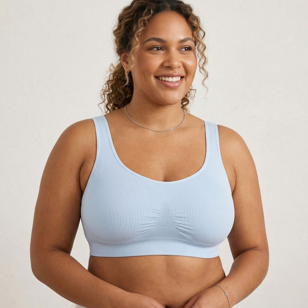 Non Disclosure Apparel's 'Gigi' Bralette: Our seamless, non-padded bralette in blue, designed for women with full breasts up to 40G, to provide smooth, natural shaping and innovative nipple concealing technology for all-day confidence.
