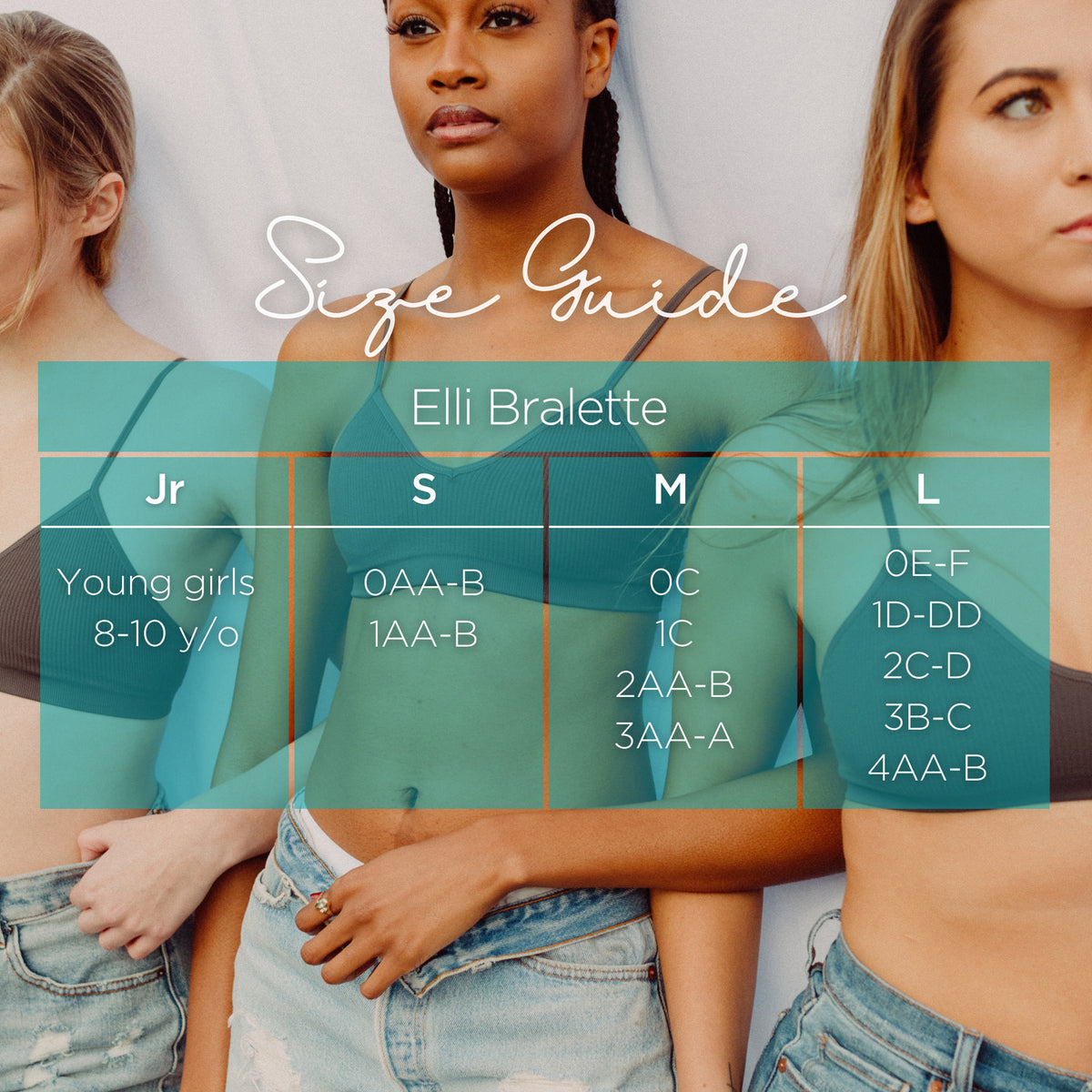Italy sizing chart guide - 3 girls in nipple concealing bralettes