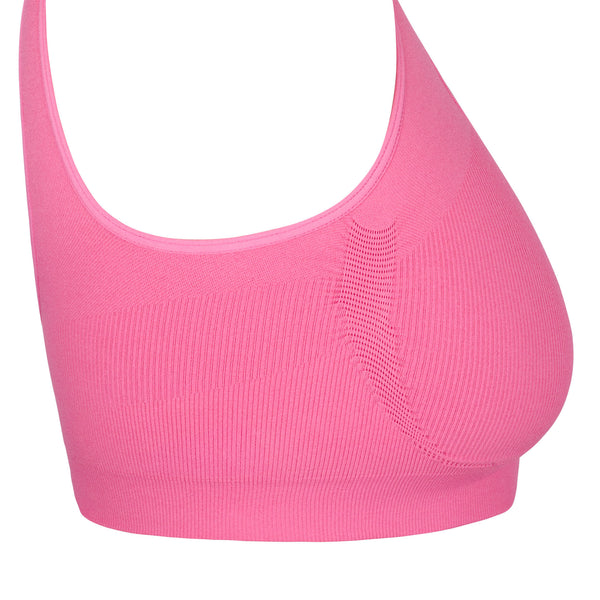 Side view of Gigi Pink Seamless Wireless Bralette highlighting full coverage design.